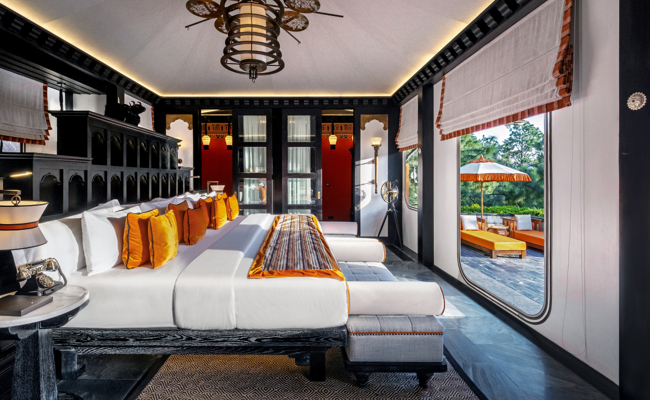 Colourful Bhutanese-inspired interior of a luxury tented villa at Pemako Punakha