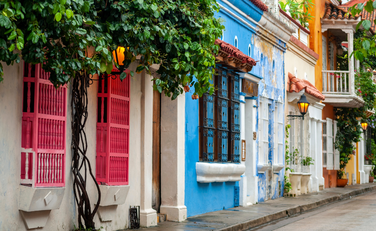 Colourful image of painted houses in Cartagena de Indias Colombia.